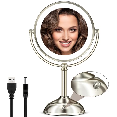 MOMOKUBA Makeup Mirror with Lights, 8.5" 20X Magnifying Mirror with Light and 3 Colors, Vanity Mirror with Lights and Adjustable Brightness, 2-Sided Desk Mirror with Light for Makeup, Nickel -