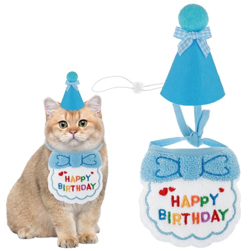 Amaxiu Cute Cat Birthday Scarf Hat Set, Small Pet Embroidered Bandana Happy Birthday Decorations Puppy Birthday Party Supplies Kitten Birthday Bandana for Girls Boys -