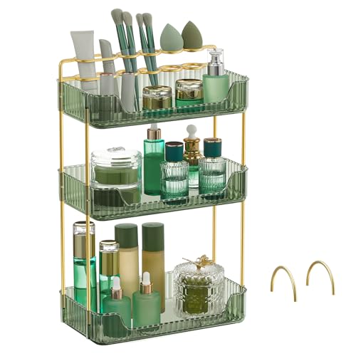 SONGMICS Makeup Organizer, 3-Tier Skincare Organizer Countertop, Customizable, 2 Types of Accessories, Jewelry Holder, for Vanity, Bedroom, Bathroom, Pale Green UJKA013C01 -