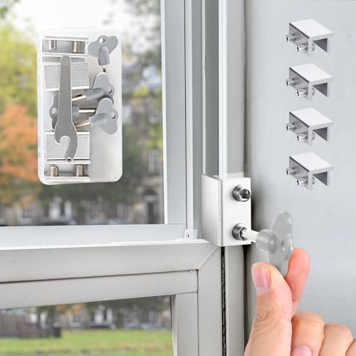 Window Locks,4 Sets Sliding Window Locks with Key, Window Locks for Up and Down Windows,Easy to Install Vertical & Horizontal Window Security Locks,Adjustable Aluminum Window Stopper Lock(Silver) -