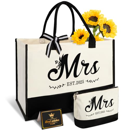 Vanqruo Mrs 2025 Bride Canvas Tote Bag with Makeup Bag, Wedding Gifts for Bridal Shower Bachelorette Party Engagement Honeymoon, Miss to Mrs, Bride to Be Gifts -