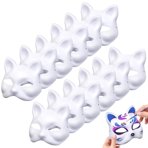 AMDBHC 12 PCS Cat Masks White Paper Therian Cat Mask Hand Painted for Kids Adults Women's Costume Party Halloween Decoration Masquerade Cosplay DIY Craft