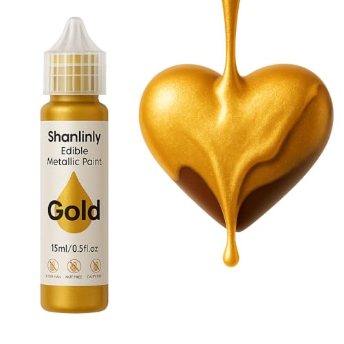 Edible Gold Metallic Paint for Baking – Food Grade Edible Gold Dust Drink Glitter for Shimmer Cake Decorating, Cookies, Cupcakes, Cocktails – 15ml Perfect for Holidays, Wedding, Birthday Decorating -