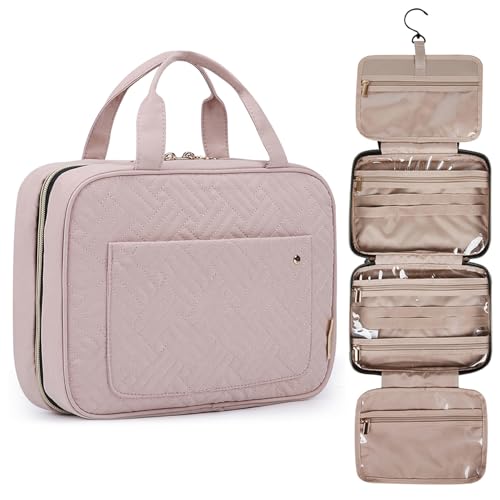 BAGSMART Toiletry Bag Travel Bag with Hanging Hook, Water-resistant Makeup Cosmetic Bag Travel Organizer for Accessories, Shampoo, Full-size Container, Toiletries (Baby Pink, Medium) -