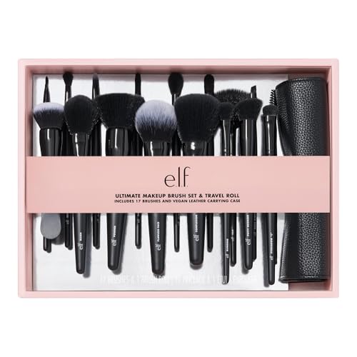 e.l.f. Ultimate Makeup Brush Set & Travel Roll, 17-Piece Brush Kit, Brushes For Eyeshadow, Foundation, Powder, Concealer & more, Vegan & Cruelty-Free -