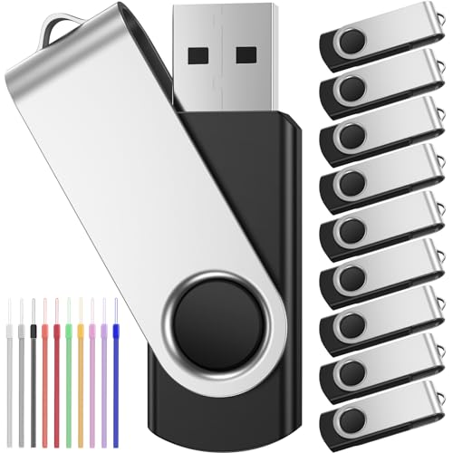 Flash Drive 16GB Bulk Pack of 10 USB Sticks - Portable Pendrive 16 GB USB 2.0 Memory Stick Swivel Cle USB Multipack USB Key - Black Value Clef USB Data Storage Thumb Drive with 10pcs Multicolor Cords by FEBNISCTE - Demo Store