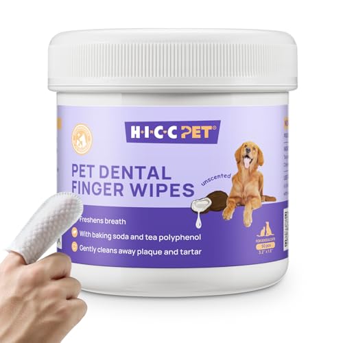 HICC PET Teeth Cleaning Wipes for Dogs & Cats, Remove Bad Breath by Removing Plaque and Tartar Buildup No-Rinse Dog Finger Toothbrush, Disposable Gentle Cleaning & Gum Care Pet Wipes, 50 Counts -