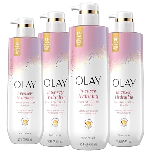 Olay Body Wash for Women, Intensely Hydrating, Hyaluronic Acid Serum Complex, Renews Moisture, Free of Parabens & Phthalates, Vitamin B3 Lameller Technology, For All Skin Types, 20 fl oz (Pack of 4) -