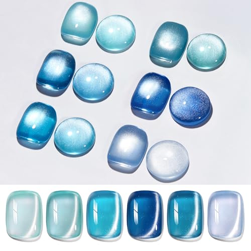 Beetles Blue Cat Eye Gel Nail Polish Set - 6 Colors Summer Blue Glitter Glass Cat Eye Magnet Sheer Gel Translucent Effect Soak Off UV Moonlit Mist Collection Salon Nail Art Manicure Gift for Women -
