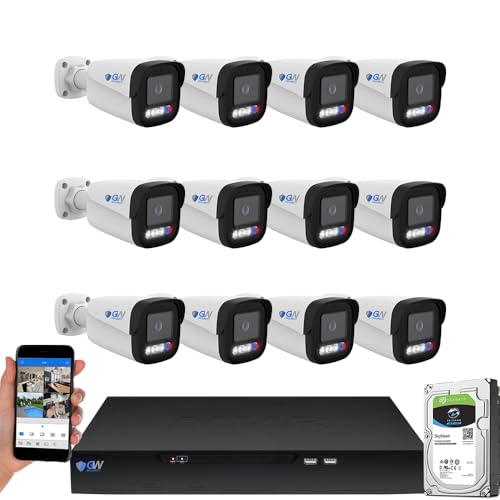 GW Security UltraHD 4K Face Recognition Two-Way Audio 16 Channel Security Camera System with 12 x 8MP @25FPS Waterproof Alarm Light PoE Bullet Cameras, 10 Smart AI Functions, NDAA & TAA Compliant -