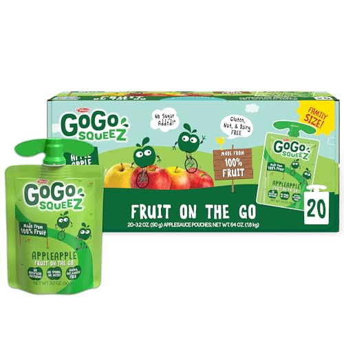 GoGo squeeZ Applesauce and Fruit Puree, Apple Apple, 3.2 oz (Pack of 20), Unsweetened Fruit Snacks for Kids, Gluten Free, Nut Free and Dairy Free, Recloseable Cap, BPA Free Pouches -