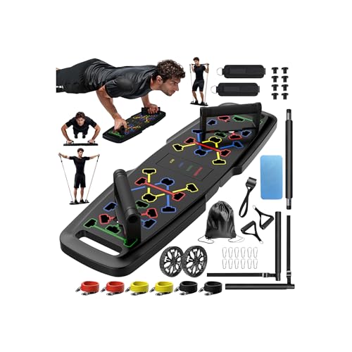 Push Up Board,Home Gym,Portable Exercise Equipment,Pilates Bar and 20 Fitness Accessories with Resistance Bands and Ab Roller Wheel,Full Body Workout at Home -