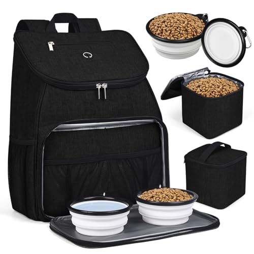 BAGLHER丨Dog Travel Bag, Airline Approved Pet Supplies Backpack, Dog Travel Backpack Accessories Set with 2 Silicone Collapsible Bowls and 2 Food Baskets. Black -