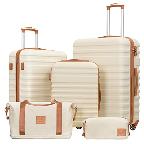 Coolife Suitcase Set 3 Piece Luggage Set Carry On Hardside Luggage with TSA Lock Spinner Wheels (White, 5 piece set) -