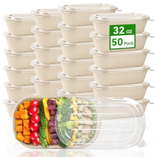 ZORRITA 50 Pack Disposable Meal Prep Containers, 32 oz Sugarcane Fiber Paper Salad Bowls with Lids Take Out Food Container for Pasta, Burrito, Leftovers -
