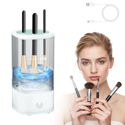 Efficient Electric Makeup Brush Cleaner Machine– 8000 RPM Automatic Cleaner with Multi-Size Silicone Holder, Deep Cleans Makeup Brushes and Sponges -