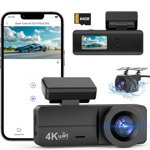 4K Dash Cam Front and Rear, WiFi Dash Cam with 64GB Card, 4K+1080P Dash Camera for Cars, WiFi Car Camera with App Control, 1.47" Screen DashCam with 24H Parking Monitor,G-Sensor -