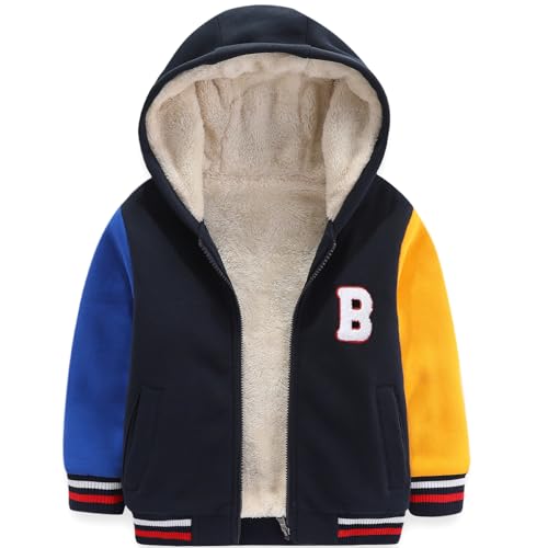 Bumeex Toddler Boy's Fashion Clothes Sweatshirt Jacket Fall Winter Sherpa Fleece Lined Clothing Outfits Hoodie Navy/Blue/Yellow Size 6-7 Years -