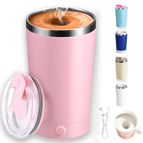 Jukestarz Self Stirring Mug with Lid, 13.5oz Magnetic Stirring Coffee Cup, Rechargeable 316 Stainless Steel, Auto-Mixing for Coffee, Milk, Protein Powder（Pink） -