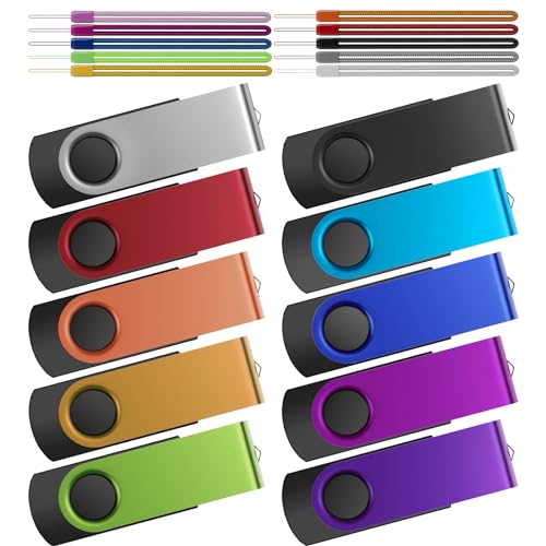 Kepmem 32GB USB Stick Pack of 10 USB 2.0 Memory Sticks Bulk, Metal 32 Giga Flash Drive Swivel Pendrive Portable Keychain Pen Drives 32 GB Colorful Multipack U Disk for Data Storage Paper Works - Demo Store