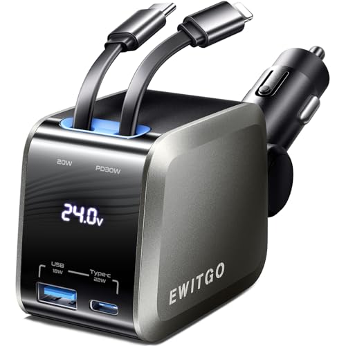 EWITGO Retractable Car Charger, 4 in 1 USB C Car Charger 72W, Fast Charging, 2 Retractable Cables and 2 USB Ports, Car Accessories for iPhone 16 15 14 13 12, Samsung etc, Dark Grey -