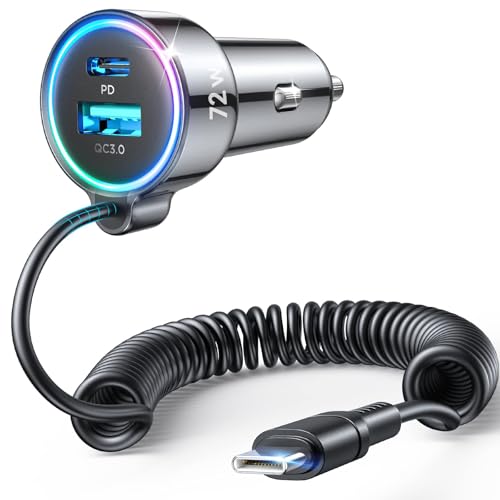 USB C 72W Car Charger for iPhone 16 Pro Max Plus, PD & QC3.0 w/5 ft 36W Type C Coiled Cable, Fast Car Phone Charger Adapter for iPhone 15 Pro, Samsung Galaxy S24/S23/S22, Pixel/Moto/LG/Android, iPad -