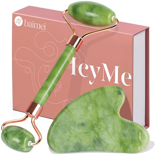 BAIMEI IcyMe Gua Sha & Jade Roller Facial Tools Face Roller and Gua Sha Set for Puffiness and Redness Reducing Skin Care Routine, Self Care Gift for Men Women - Green -