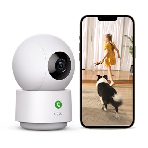 AOSU 2K Security Camera Indoor, Baby Monitor Pet Camera 360-Degree for Home Security with 2.4 GHz Wi-Fi Router, One-Touch Call, Smart Motion Tracking, IR Night Vision, Compatible with Alexa -