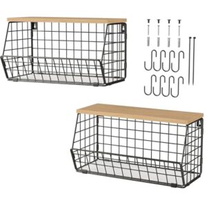 CHOEZON 2-Pack Fruit Basket, Stackable Vegetable Baskets, Wall-Kitchen Counter Organizer, Kitchen Storage Basket with 4 Hanger Hooks, for Snack, Fruit, Storage, Natural and Black TCW04P2BN -