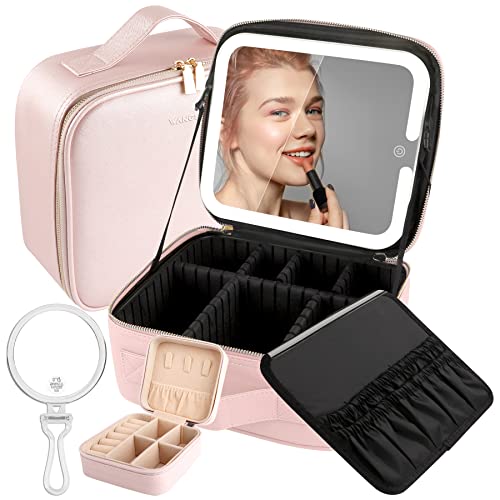 WangSelect Lighted Makeup Case with Full-screen HD Mirror Travel Makeup Train Case with Adjustable Dividers Cosmetic bag with Foldable 1x/10x Magnifying Mirror and Jewelry Box Phosphor -