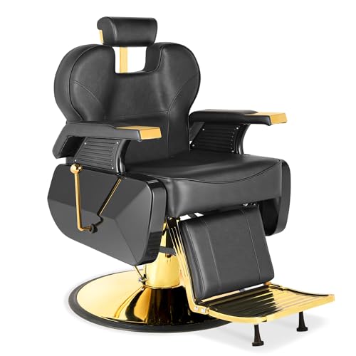 Barber Salon Hair Chair, Hydraulic Rolling 360° Swivel Barber Reclining Chairs for Barbershop, Heavy Duty Hairdresser Chair Beauty Salon Spa Shampoo Styling Equipment, Adjustable Headrest, Black&Gold -