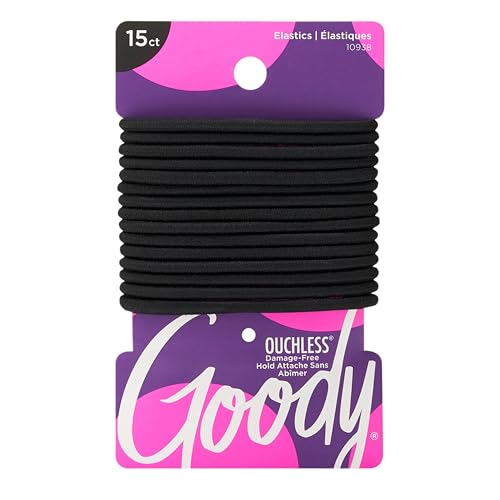 Goody Ouchless Elastic Hair Ties, 15 Ct, Black, 4MM Rubber Bands, Pain-Free Styling Accessories for Women & Men, Made for Long-Lasting Braids, Ponytails & More, All Hair Types -