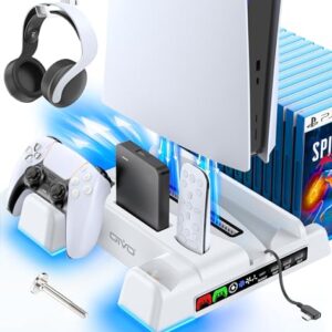 PS5/Slim/Pro Stand and Cooling Station with LED Controller Charging Station for PlayStation 5 Console, Controller Charger, Cooling Stand, PS5/Slim/Pro Accessories Kit with 3 Level Cooler Fan -
