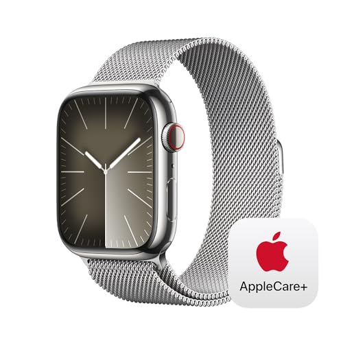 Apple Watch Series 9 [GPS + Cellular 45mm] Smartwatch with Silver Stainless Steel Case with Silver Milanese Loop with AppleCare+ (2 Years) -