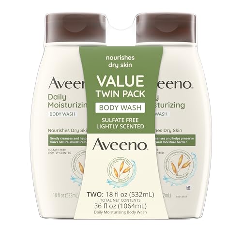 Aveeno Daily Moisturizing Body Wash for Dry & Sensitive Skin with Prebiotic Oat, Hydrating Body Wash Nourishes Dry Skin & Gently Cleanses, Light Fragrance, Sulfate-Free, 18 fl. oz, Pack of 2 -