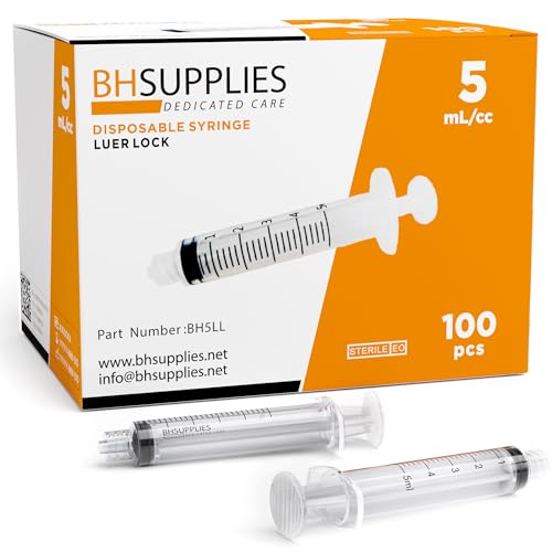 BH Supplies 5mL Luer Lock Tip Syringes (No Needle) - Sterile, Individually Wrapped - 100 Syringes -