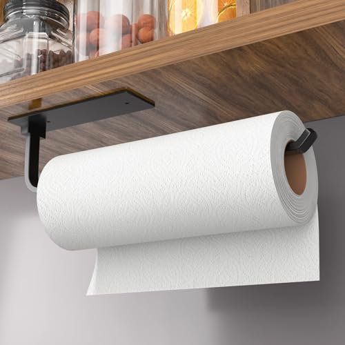 Paper Towel Holder - Self-Adhesive or Drilling, Matte Black, Upgraded Aluminum Kitchen Roll Dispenser Under Cabinet, Lighter but Stronger Than Stainless Steel! -