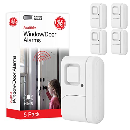GE Personal Security Window and Door Alarm, 5 Pack, DIY Protection, Burglar Alert, Wireless Chime/Alarm, Easy Installation, Home Security, Ideal for Home, Garage, Apartment and More,White, 45987 -