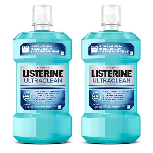 Listerine Ultraclean Oral Care Antiseptic Mouthwash, Everfresh Technology to Help Fight Bad Breath, Gingivitis, Plaque & Tartar, ADA-Accepted Oral Rinse, Cool Mint, 1 L, Pack of 2 -