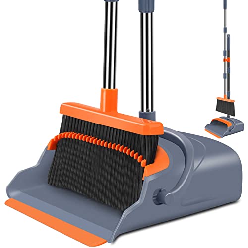 kelamayi Upgrade Broom and Dustpan Set, Self-Cleaning with Dustpan Teeth, Indoor&Outdoor Sweeping, Ideal for Dog Cat Pets Home Use, Stand Up Broom and Dustpan (Gray&Orange) -
