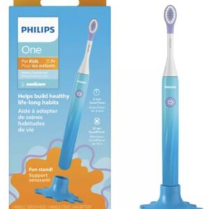 Philips One for Kids by Sonicare, Battery Toothbrush, for Kids Age 3+, with SmarTimer and QuadPacer for Thorough Clean, Lightweight and Colorful Handle, Quick Start Guide, Blue, Model HY1130/02 -