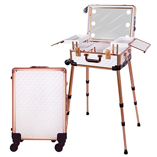 Jula Vance Medium Makeup Train Case with Code Lock, Lighted Mirror, Music Speaker Travel Cosmetic Organizer Box, Professional Artist Trolley Studio Free Standing Case, White -