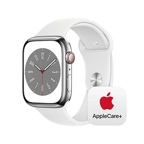 Apple Watch Series 8 [GPS + Cellular 45mm] Smart Watch w/ Silver Stainless Steel Case with White Sport Band - M/L with AppleCare+ (2 Years) -