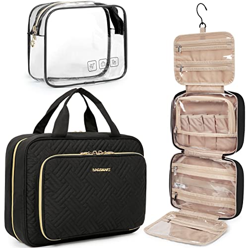 BAGSMART Toiletry Bag Hanging Travel Makeup Organizer with TSA Approved Transparent Cosmetic Bag Makeup Bag for Full Sized Toiletries, Large-Blck -