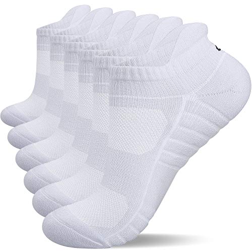 Lapulas Athletic Ankle Socks, Low Cut Cushioned Anti-Blister Running Tab Sports Socks for Men and Women 6Pairs (White, M) -