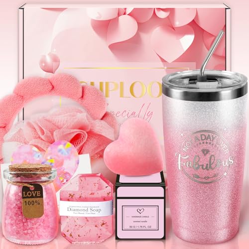 Birthday Gift Basket for Women Pink Relaxing Spa Self Care Bath Gift Set for Her with 20 Oz Tumbler Cup for Graduation, Teacher Appreciation Week, Mother’s Day Gift Ideas -