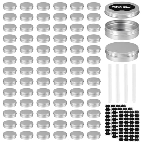OBKJJ 78 Pcs 2 Oz Aluminum Tin Cans Round Cans with Screw Lids, Refillable Cosmetic Metal Containers Food Candle Containers with Screw Tops for Crafts, Food Storage, DIY -