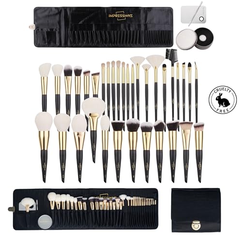 ImpressionZ 34Pcs Luxury Full Makeup Brush Set with Travel Bag | Cruelty-Free Synthetic & XGF Bristles Foundation, Blending, Face Powder, Concealers, Eyeshadows & Blush Makeup Brushes | Bliss Gift Set -