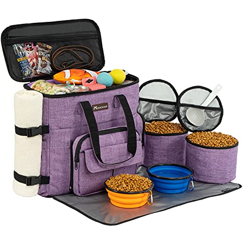 Modoker Dog Travel Organizer Carriers for Supplies & Accessories, Airline Approved Dog Cat Pet Travel Bag, 2 Collapsible Dog Bowls, 2 Travel Dog Food Container, Purple -