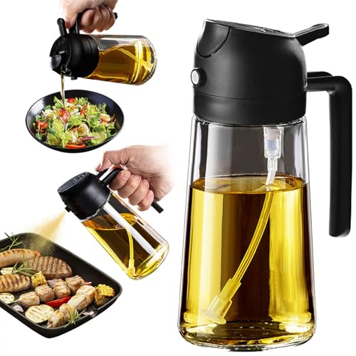 TrendPlain 16oz/470ml Glass Olive Oil Sprayer for Cooking - 2 in 1 Olive Oil Dispenser for Kitchen Gadgets, Air Fryer, Salad, and BBQ - Black -